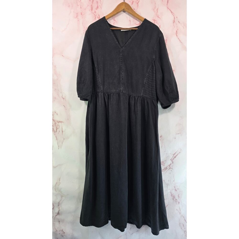 Everlane Dress Womens Medium Black Tencel Midi Puff Half Sleeve Pockets V Neck